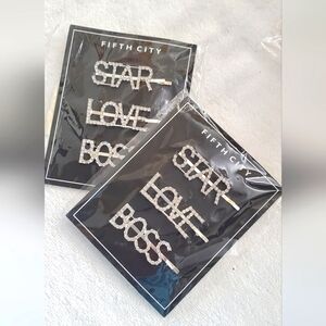FIFTH CITY -2 packages of 3 - rhinestones hair pins- "star" "love" "boss"